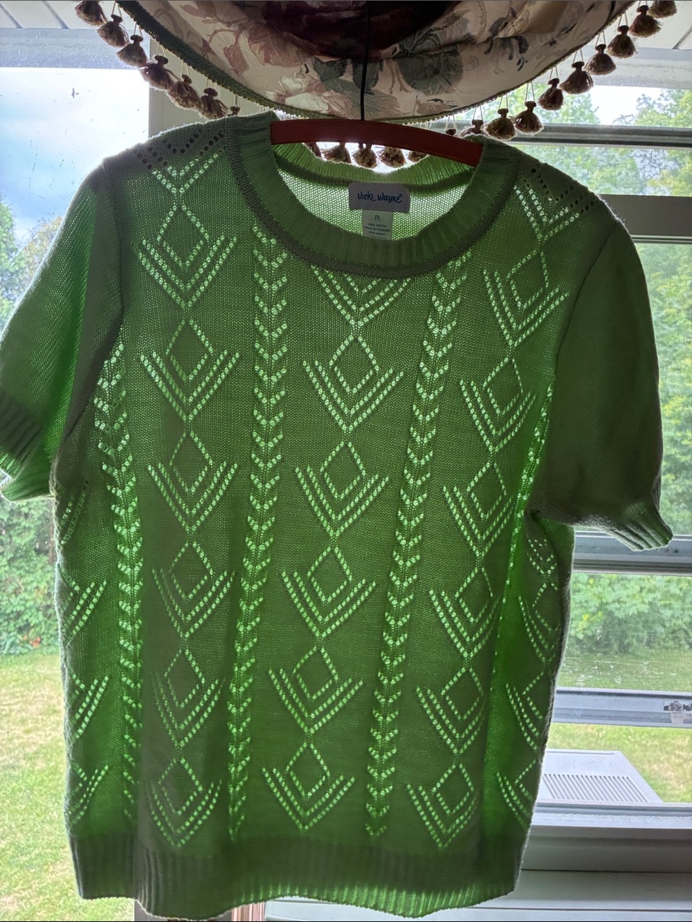 Vicki Wayne Women's Short-Sleeve Crewneck Sweater in Green Openwork